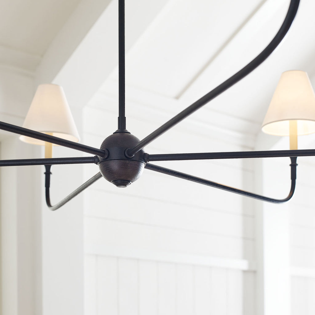 Piaf Grande Chandelier | Aged Iron and Ebonized Oak | Linen Shades