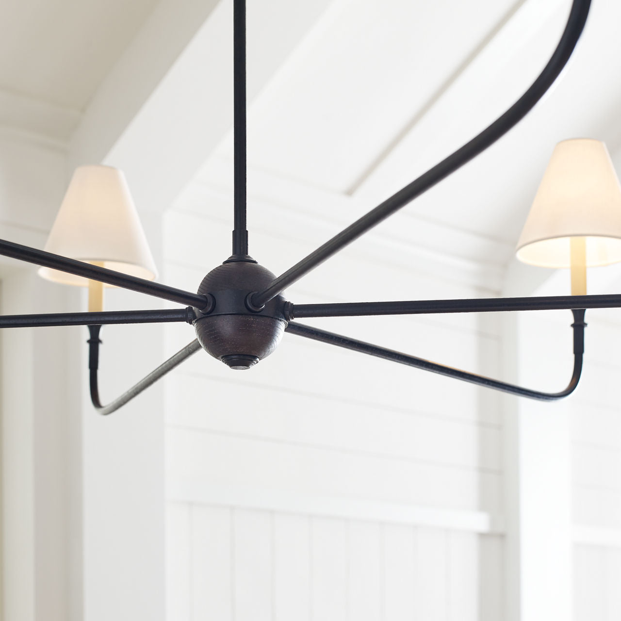 Piaf Grande Chandelier | Aged Iron and Ebonized Oak | Linen Shades