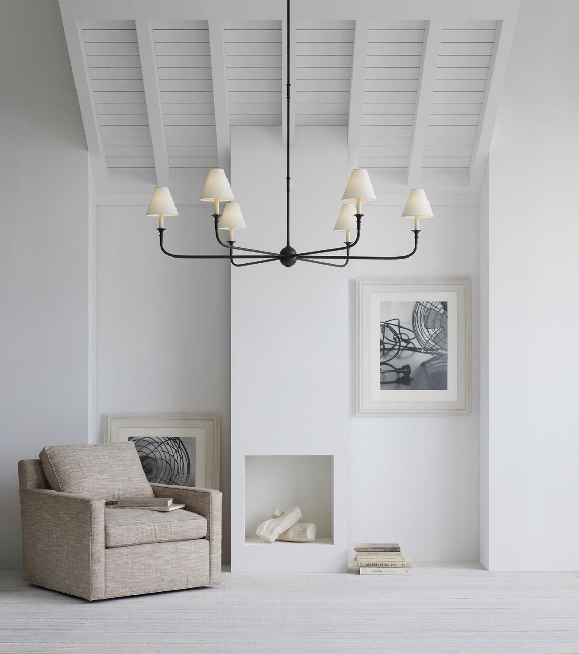 Piaf Grande Chandelier | Aged Iron and Ebonized Oak | Linen Shades