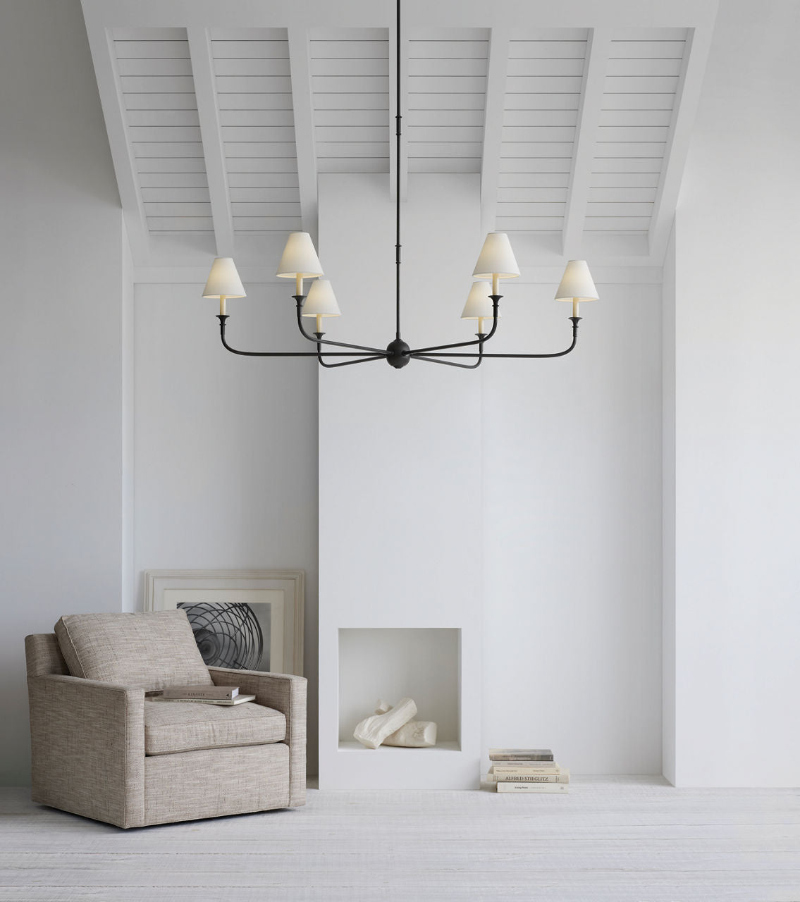 Piaf Grande Chandelier | Aged Iron and Ebonized Oak | Linen Shades