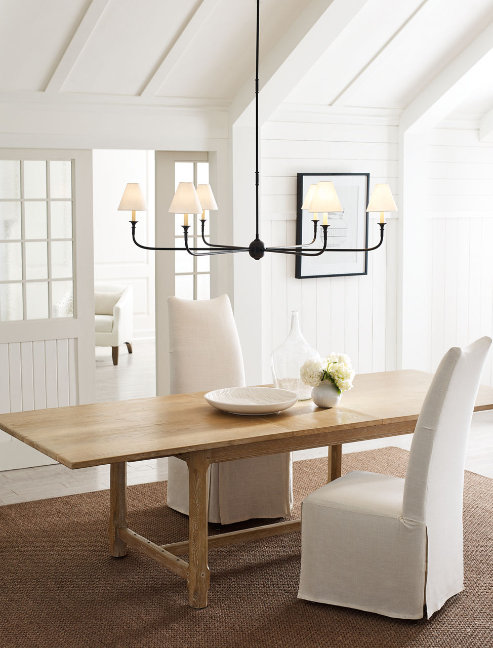 Piaf Grande Chandelier | Aged Iron and Ebonized Oak | Linen Shades