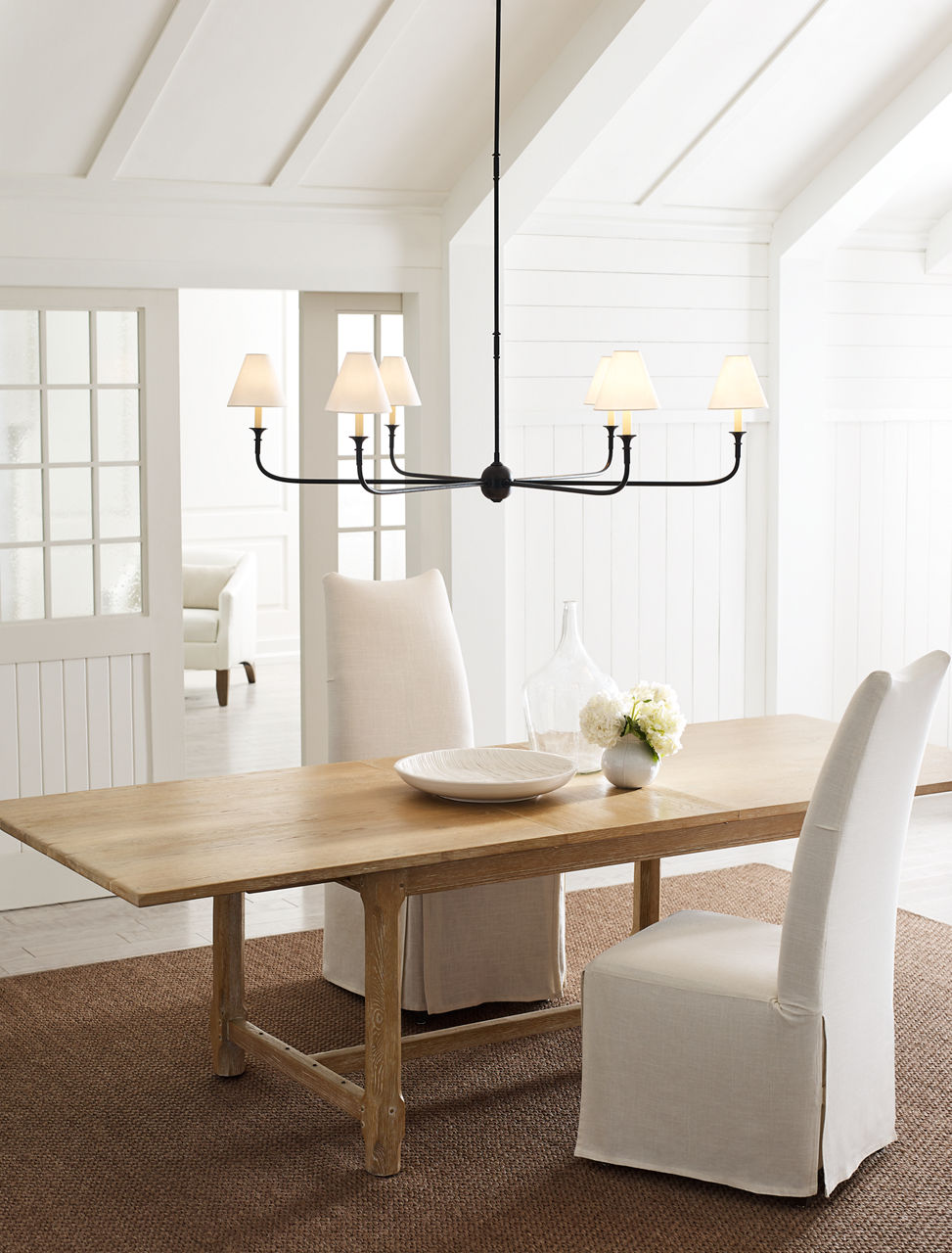 Piaf Grande Chandelier | Aged Iron and Ebonized Oak | Linen Shades