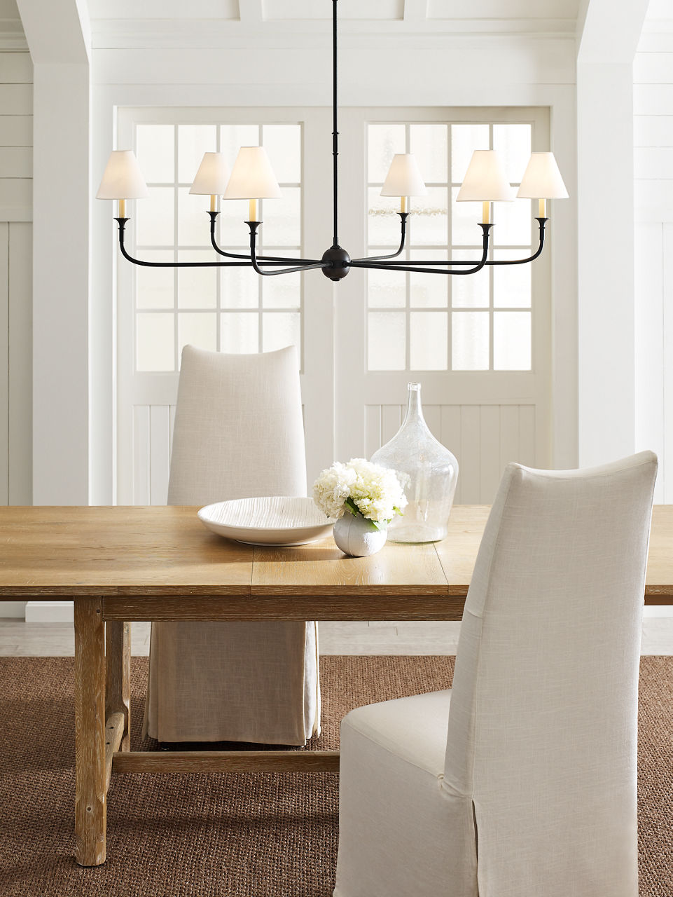 Piaf Grande Chandelier | Aged Iron and Ebonized Oak | Linen Shades