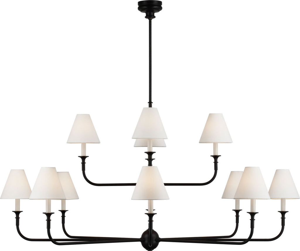 Piaf Grande Two-Tier Chandelier | Aged Iron and Ebonized Oak | Linen Shades