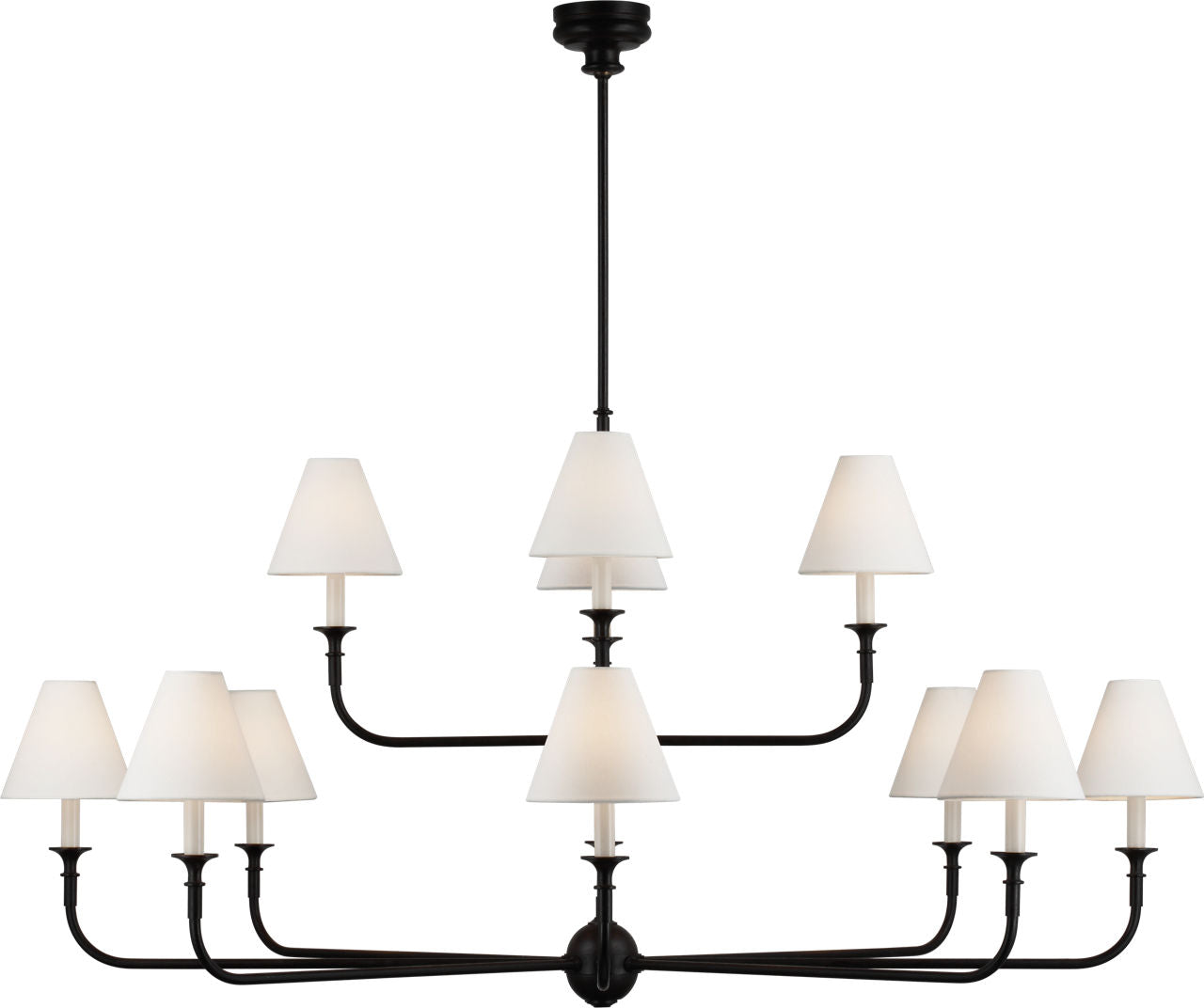 Piaf Grande Two-Tier Chandelier | Aged Iron and Ebonized Oak | Linen Shades