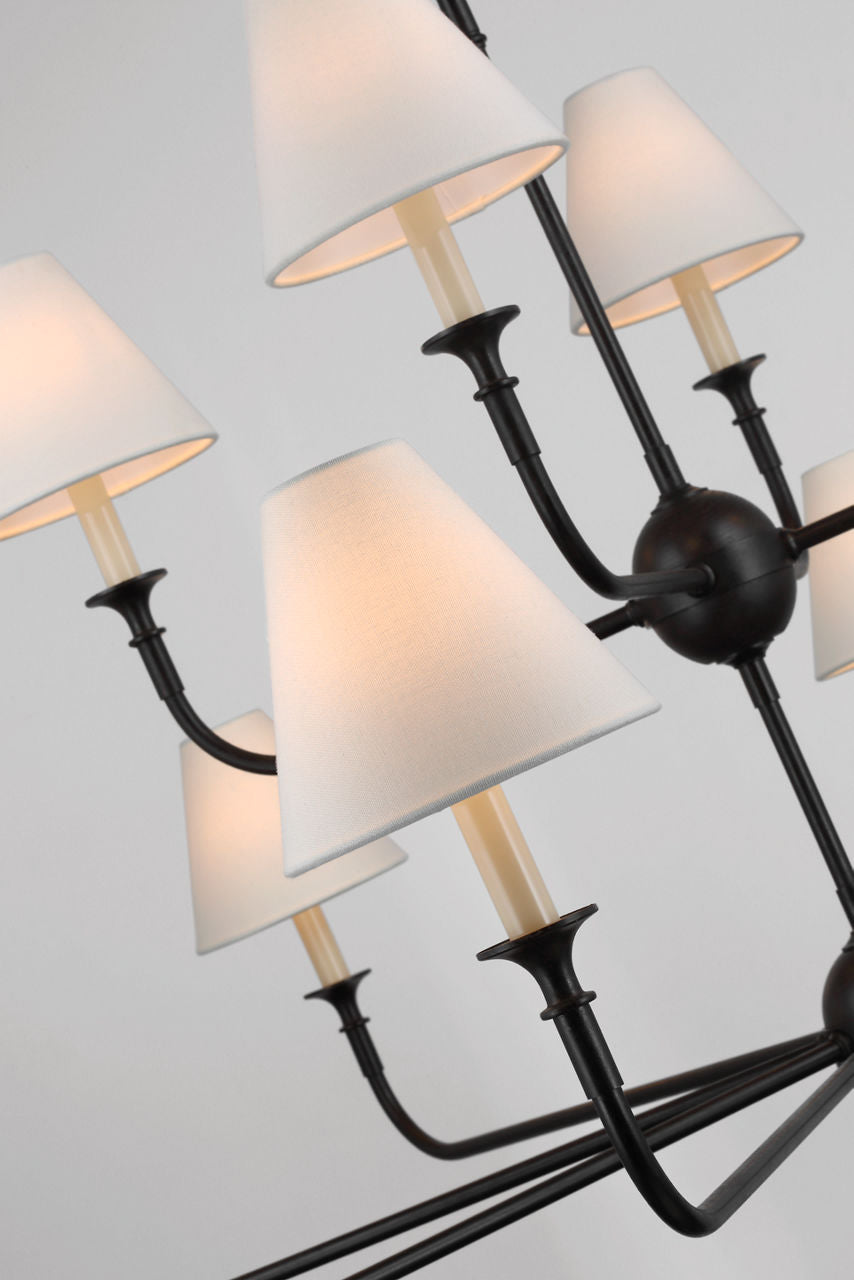 Piaf Grande Two-Tier Chandelier | Aged Iron and Ebonized Oak | Linen Shades
