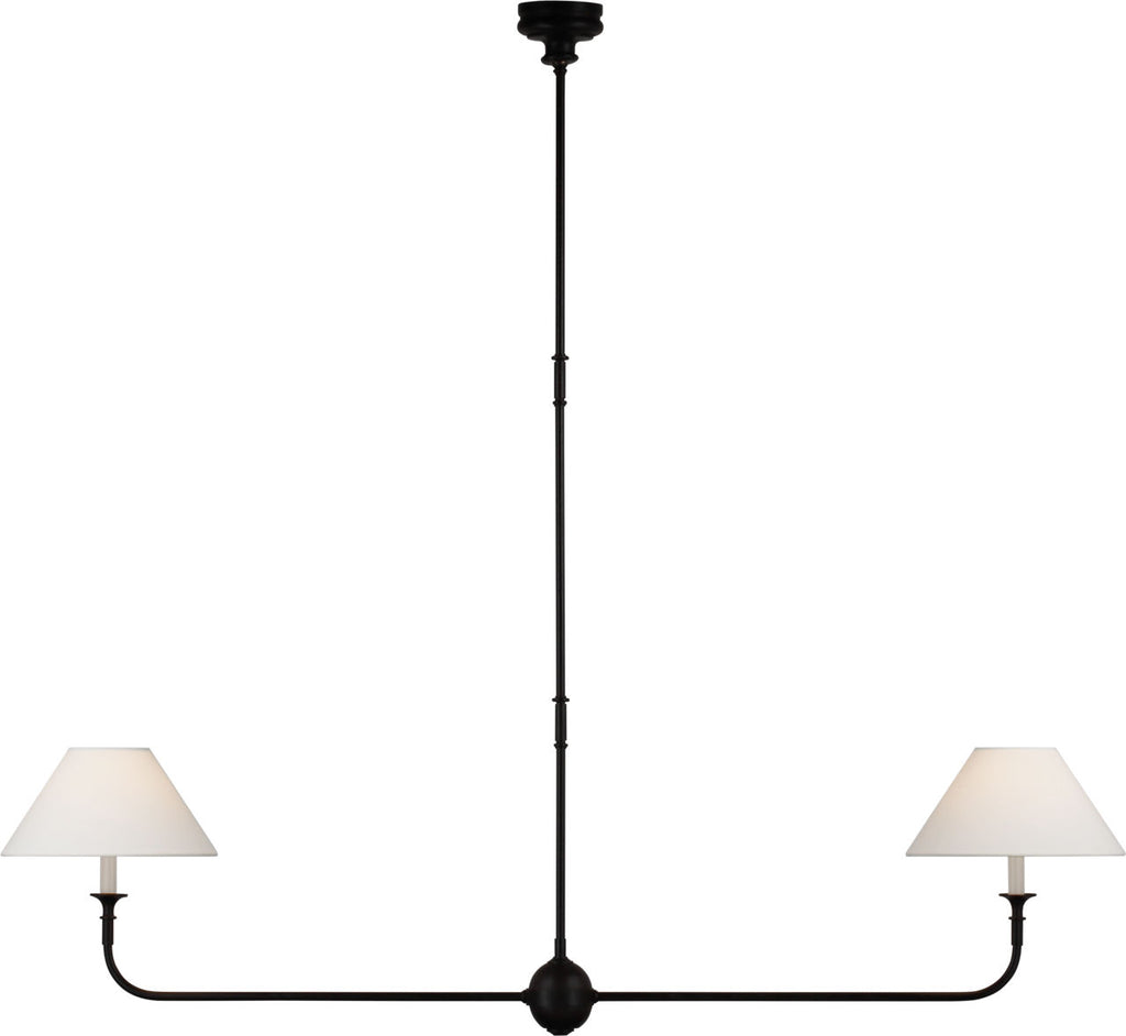 Piaf Large Two Light Linear Pendant | Aged Iron and Ebonized Oak | Linen Shades