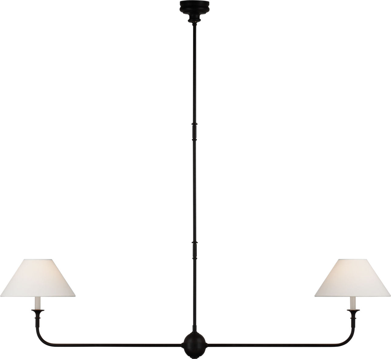 Piaf Large Two Light Linear Pendant | Aged Iron and Ebonized Oak | Linen Shades
