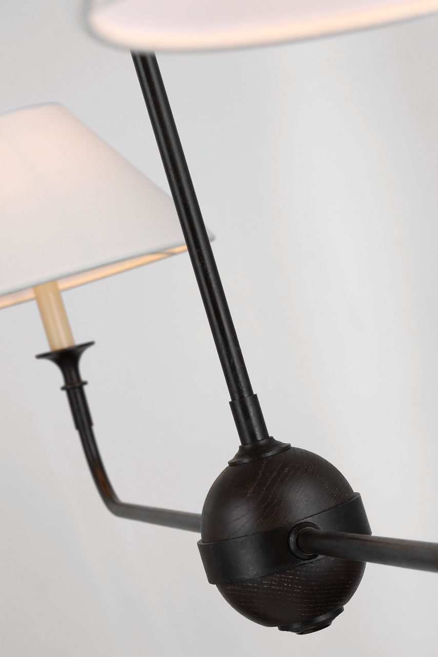 Piaf Large Two Light Linear Pendant | Aged Iron and Ebonized Oak | Linen Shades