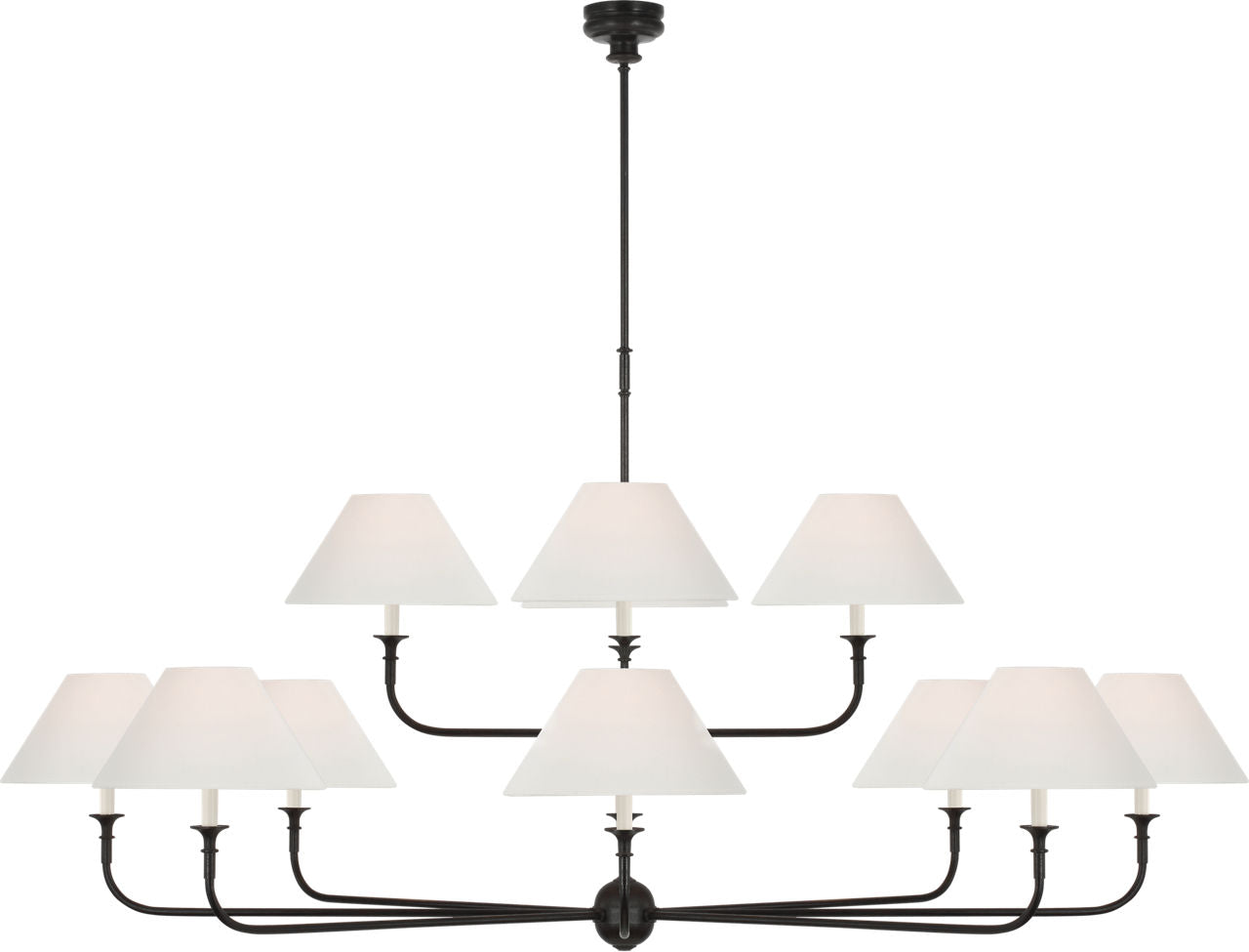 Piaf Oversized Two Tier Chandelier | Aged Iron and Ebonized Oak | Linen Shades