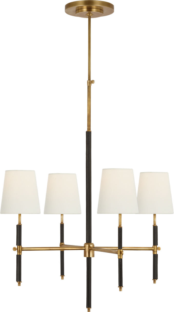 Bryant Small Wrapped Chandelier | Hand-Rubbed Antique Brass and Chocolate Leather | Linen Shades