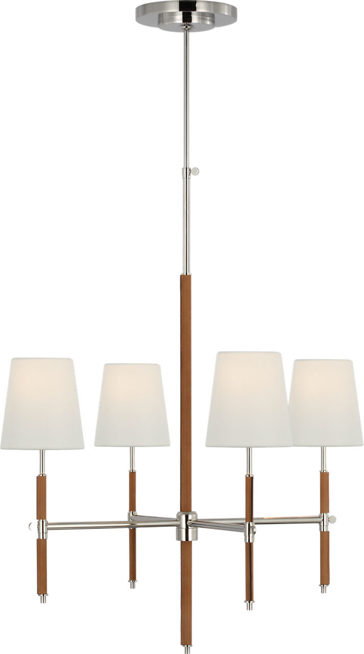 Bryant Small Wrapped Chandelier | Polished Nickel and Natural Leather | Linen Shades