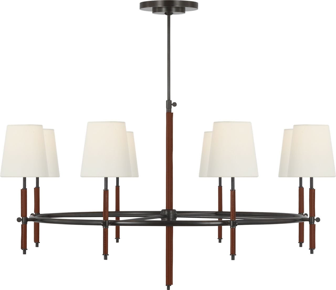 Bryant Wrapped Ring Chandelier | Bronze and Saddle Leather | Linen Shades