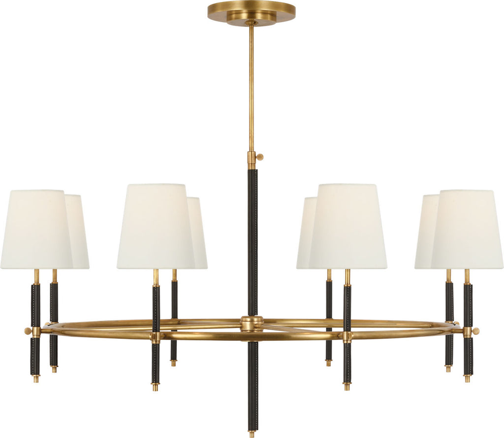 Bryant Wrapped Ring Chandelier | Hand-Rubbed Antique Brass and Chocolate Leather | Linen Shades