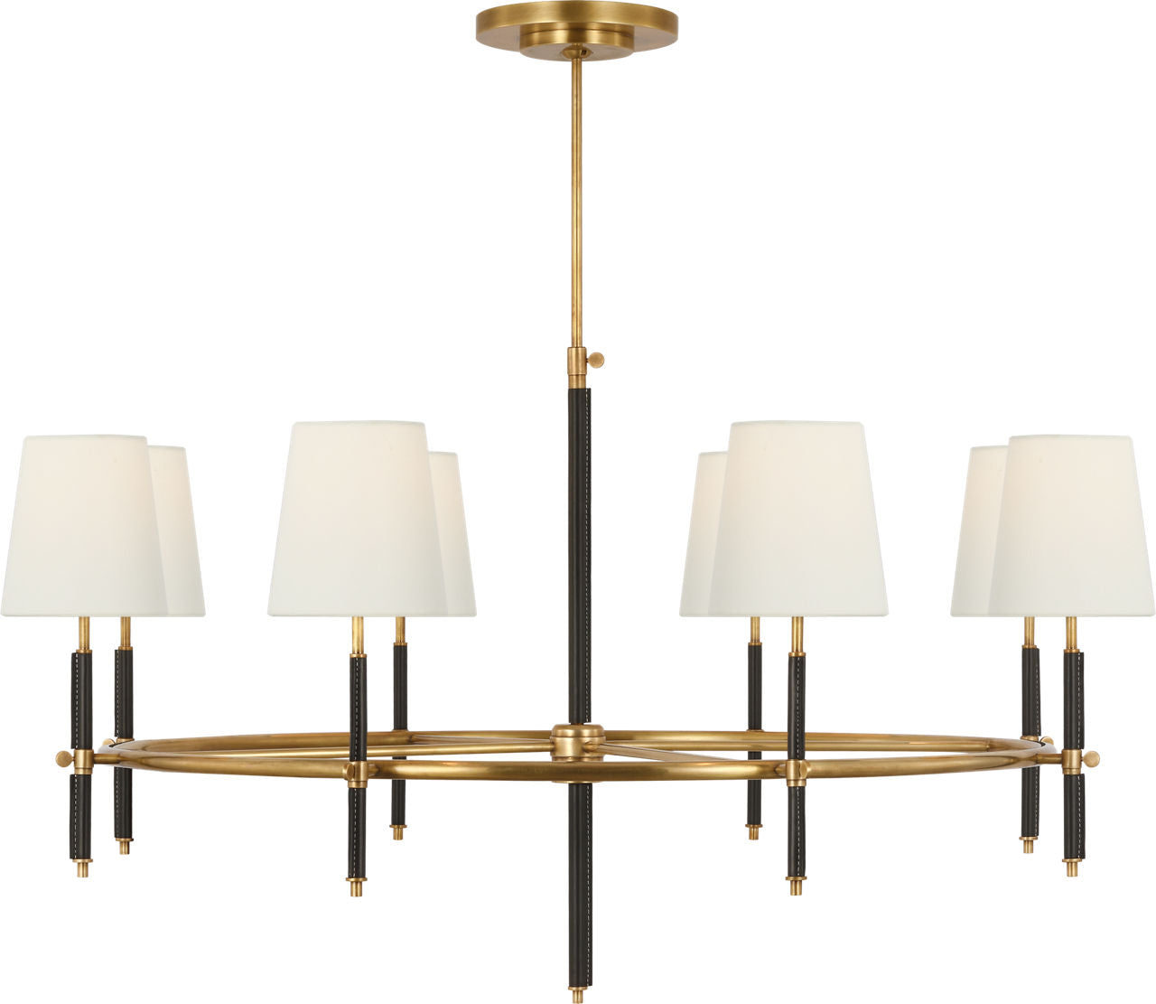 Bryant Wrapped Ring Chandelier | Hand-Rubbed Antique Brass and Chocolate Leather | Linen Shades