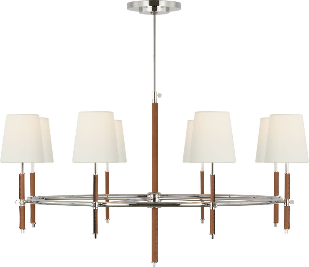 Bryant Wrapped Ring Chandelier | Polished Nickel and Natural Leather | Linen Shades