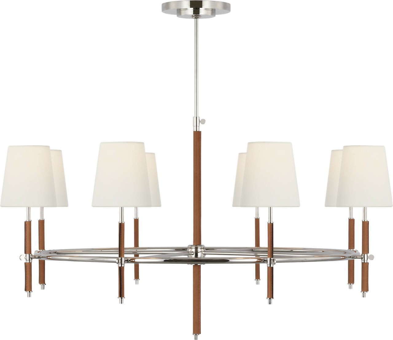 Bryant Wrapped Ring Chandelier | Polished Nickel and Natural Leather | Linen Shades