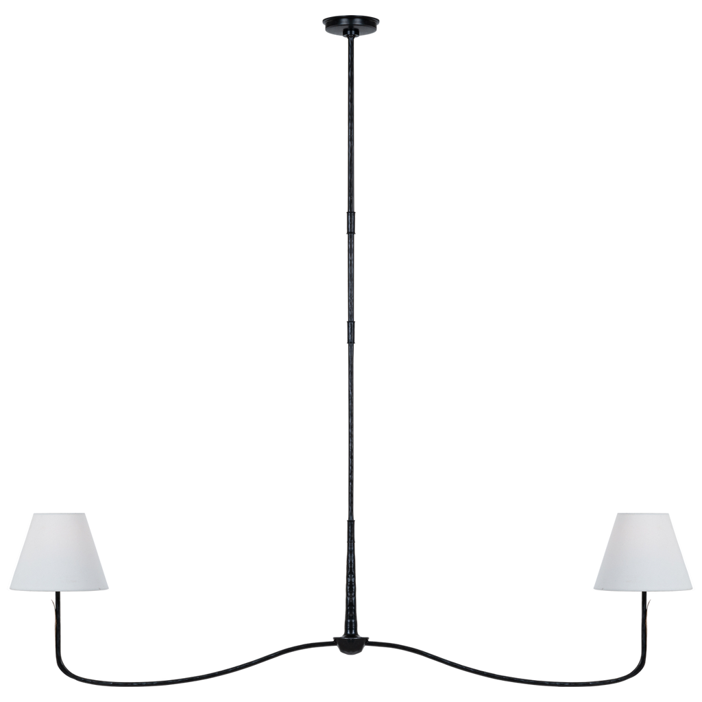 Kairos 62" Linear Chandelier | Aged Iron and Roman Bronze | Linen Shades