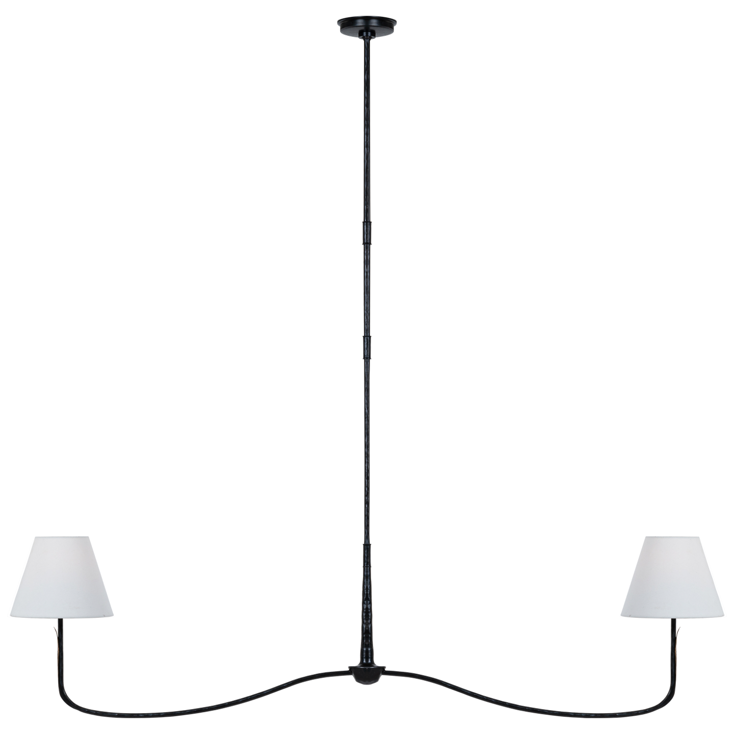 Kairos 62" Linear Chandelier | Aged Iron and Roman Bronze | Linen Shades