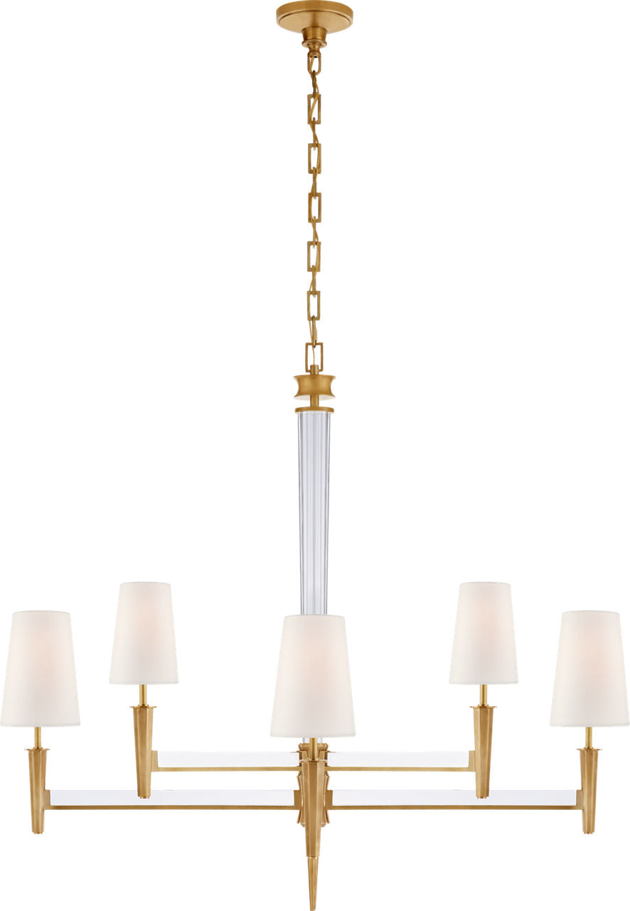 Lyra Two Tier Chandelier | Hand-Rubbed Antique Brass and Crystal | Linen Shades