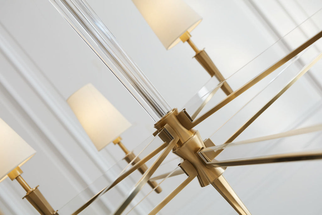 Lyra Two Tier Chandelier | Hand-Rubbed Antique Brass and Crystal | Linen Shades