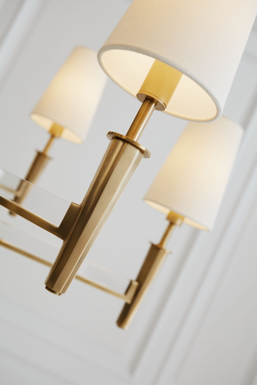 Lyra Two Tier Chandelier | Hand-Rubbed Antique Brass and Crystal | Linen Shades