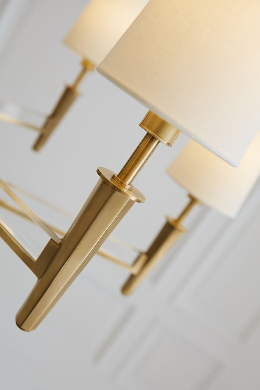 Lyra Two Tier Chandelier | Hand-Rubbed Antique Brass and Crystal | Linen Shades