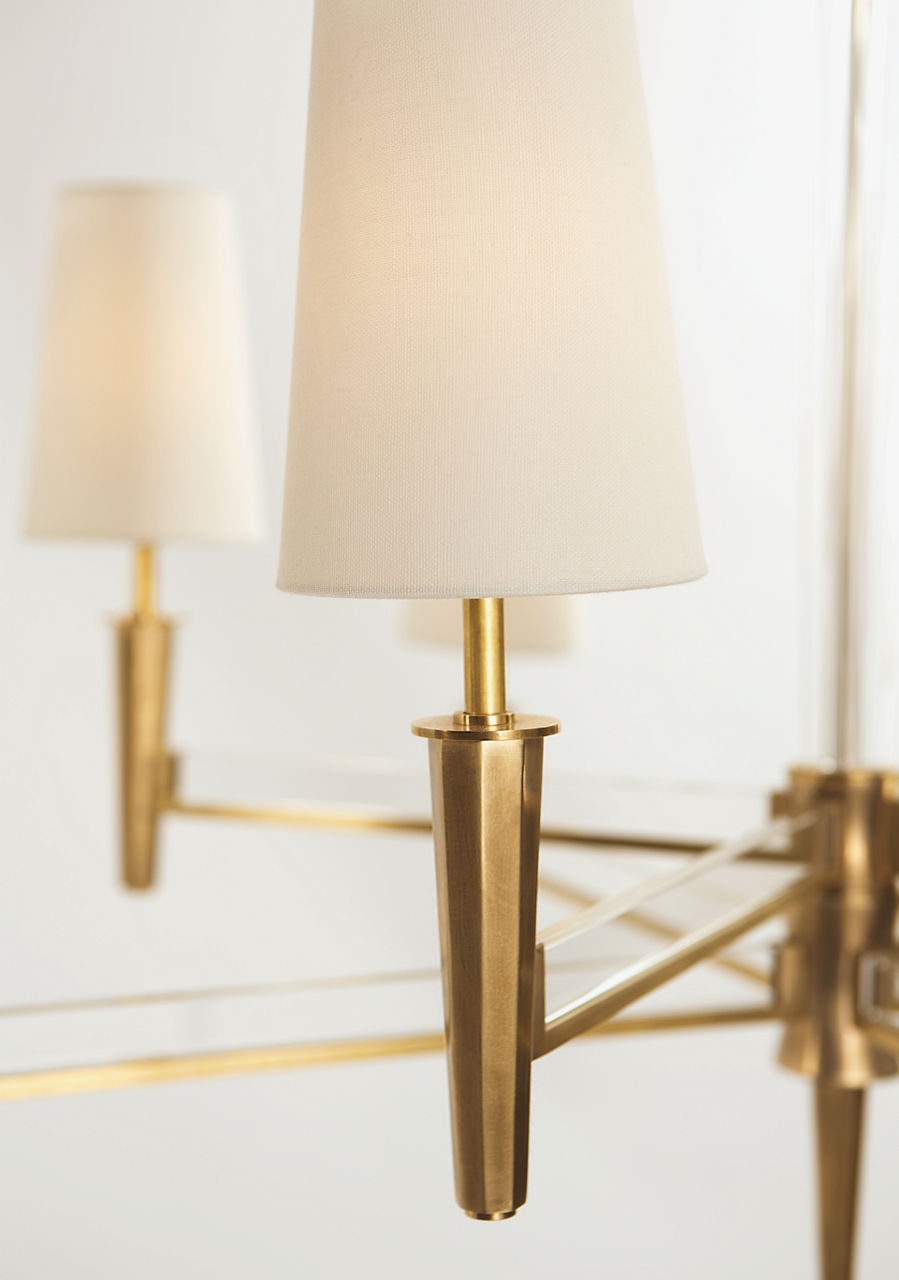 Lyra Two Tier Chandelier | Hand-Rubbed Antique Brass and Crystal | Linen Shades