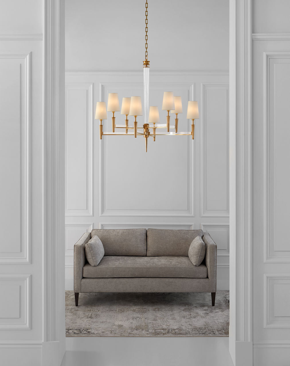 Lyra Two Tier Chandelier | Hand-Rubbed Antique Brass and Crystal | Linen Shades