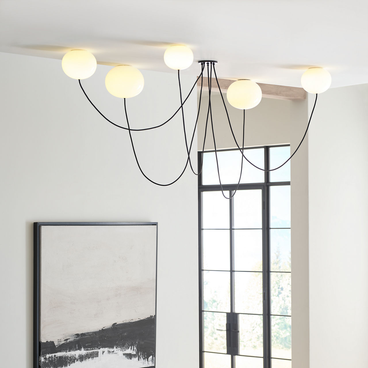 Helium Medium 5 Light Chandelier Opal Etched Matte Black 2700K 90 CRI