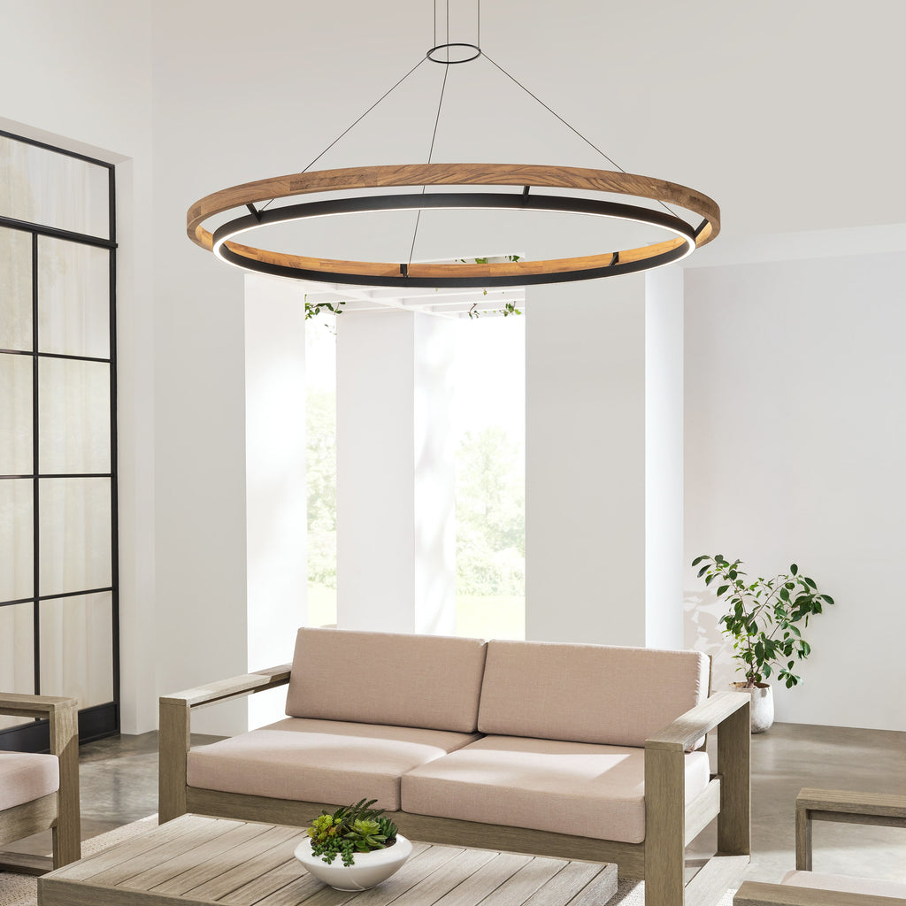 Grace 65 Outdoor Chandelier textured Black and teak wood 3000K 90 CRI