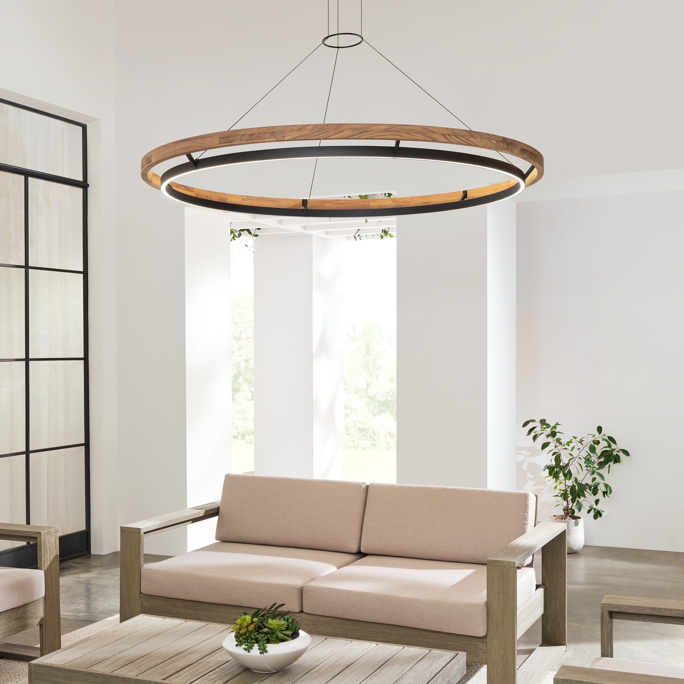 Grace 65 Outdoor Chandelier textured Black and teak wood 3000K 90 CRI