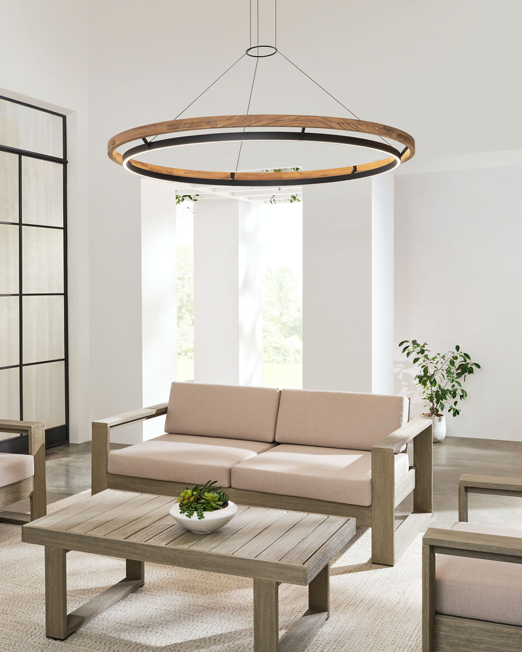 Grace 65 Outdoor Chandelier textured Black and teak wood 3000K 90 CRI