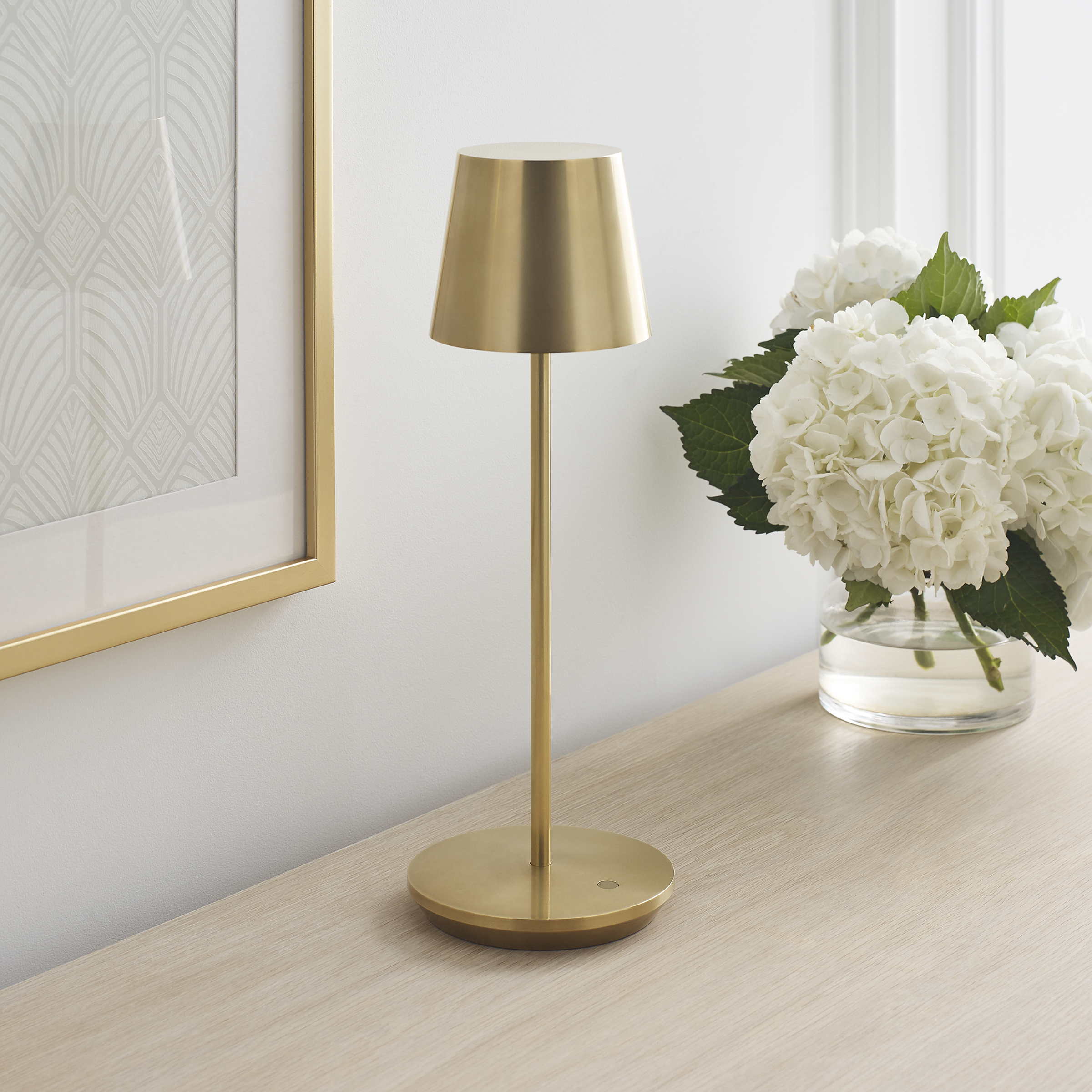 Nevis Accent Rechargeable Table Lamp Natural Brass 2700K 90 CRI wall charger included