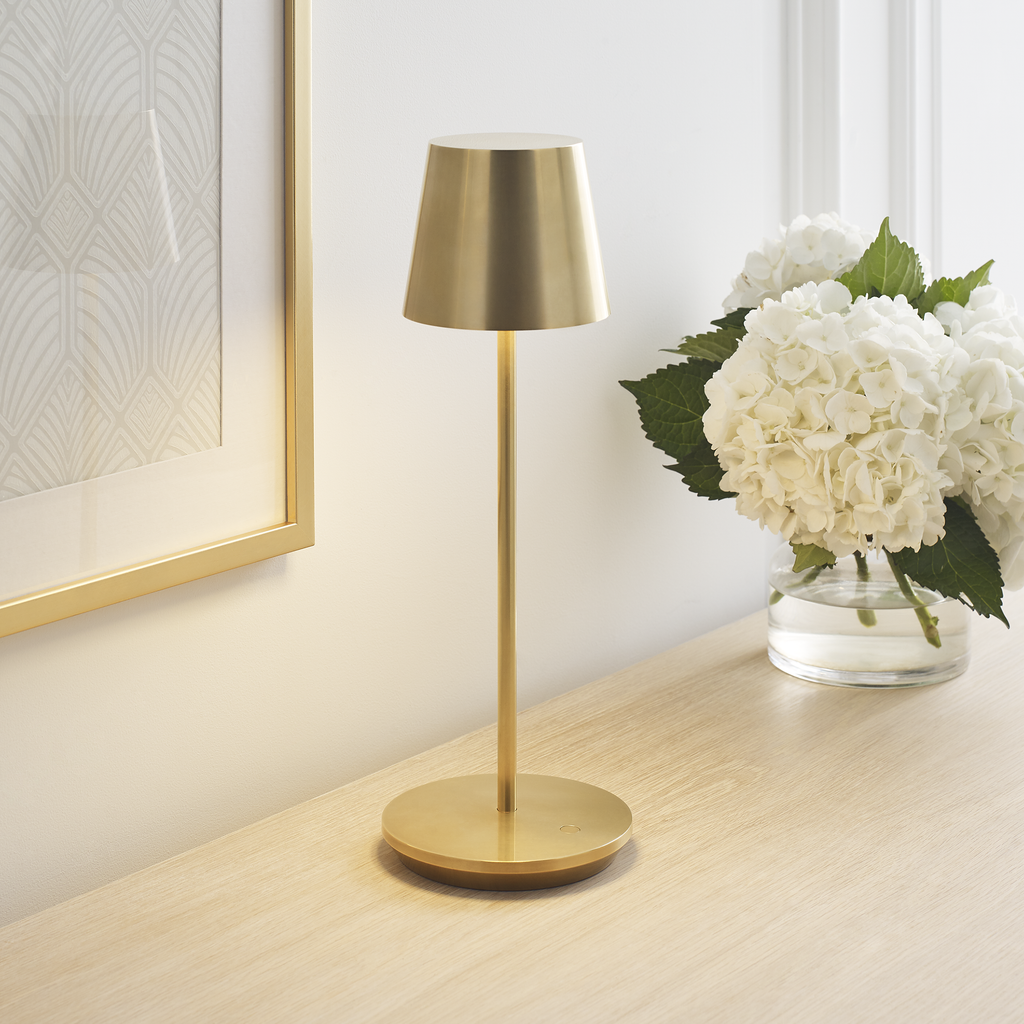Nevis Accent Rechargeable Table Lamp Natural Brass 2700K 90 CRI wall charger included