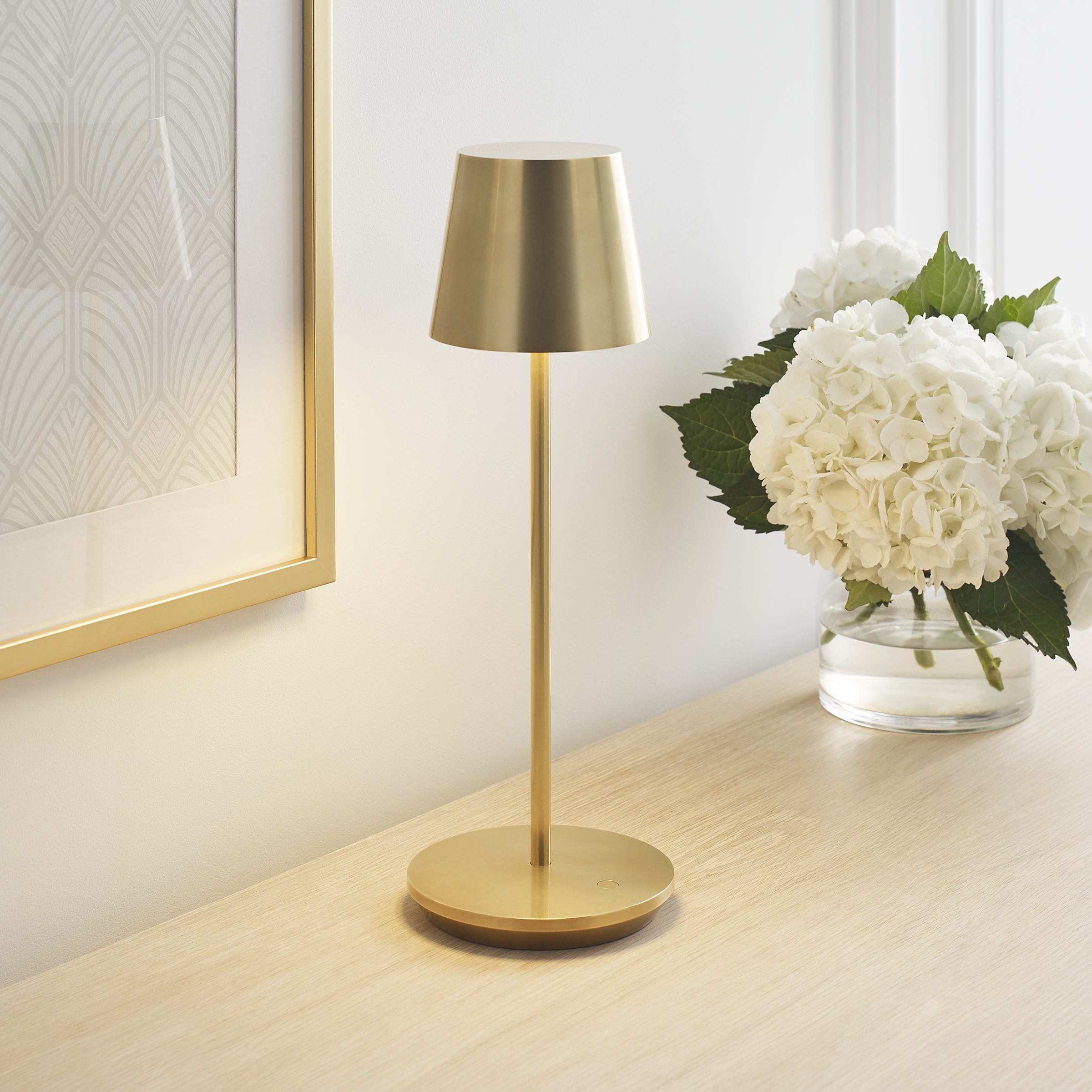 Nevis Accent Rechargeable Table Lamp Natural Brass 2700K 90 CRI wall charger included