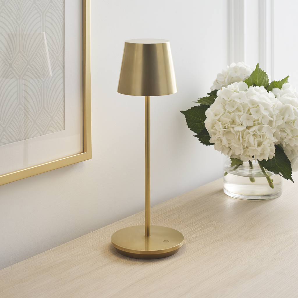 Nevis Accent Rechargeable Table Lamp Natural Brass 2700K 90 CRI wall charger included
