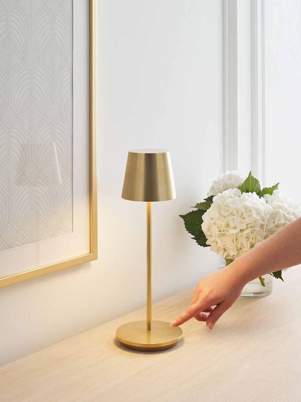 Nevis Accent Rechargeable Table Lamp Natural Brass 2700K 90 CRI wall charger included