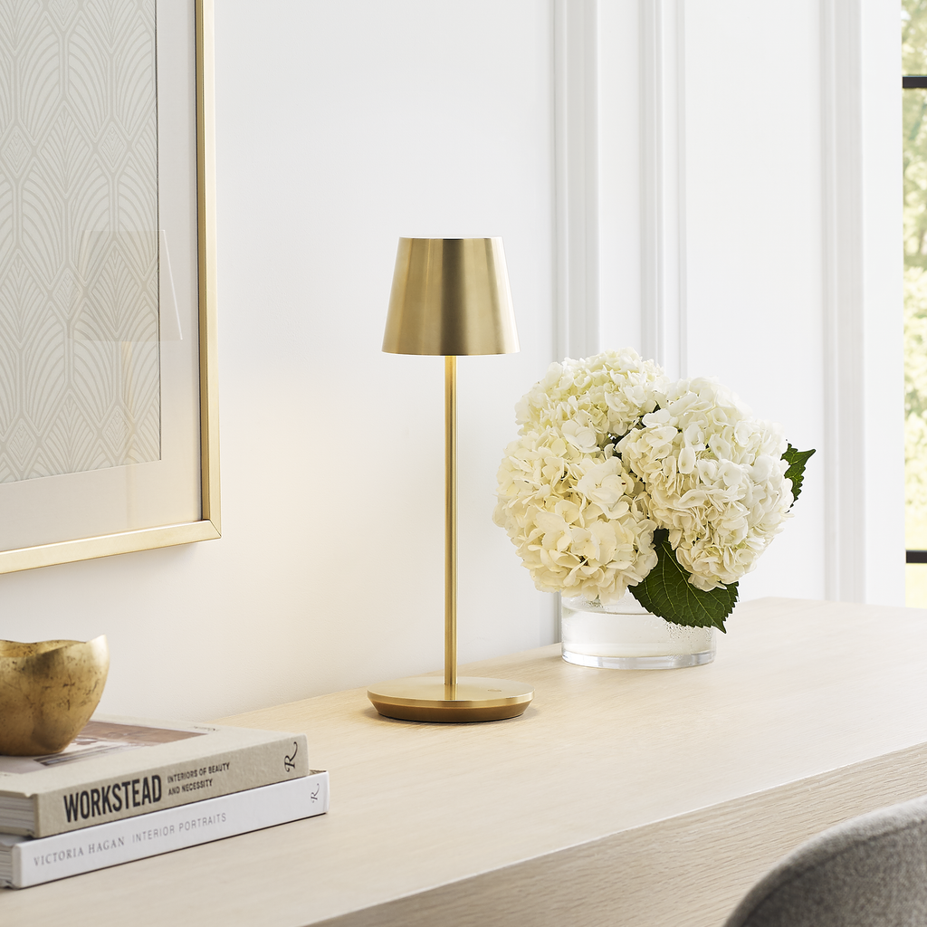 Nevis Accent Rechargeable Table Lamp Natural Brass 2700K 90 CRI wall charger included