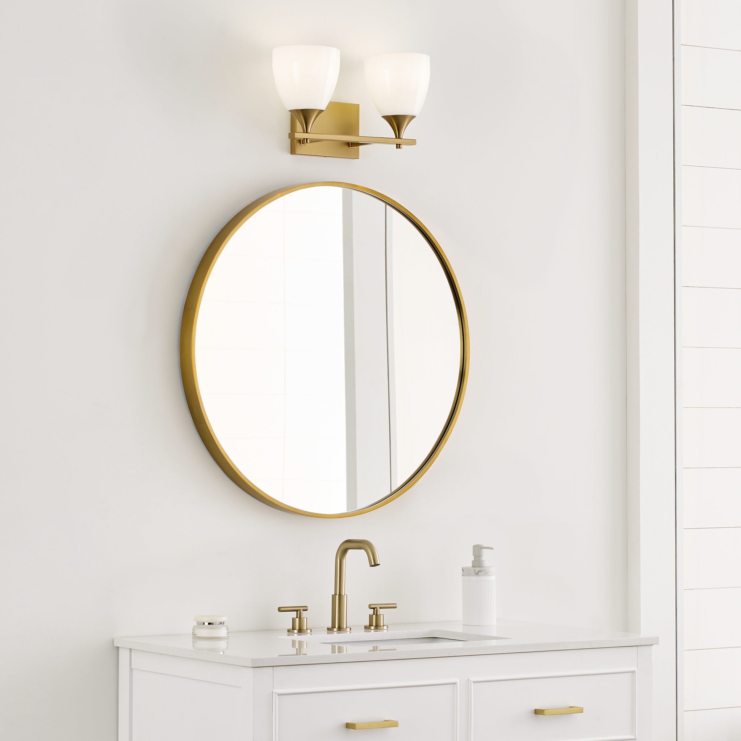 Toffino 2-Light Bath Sconce | Satin Brass | Milk Glass
