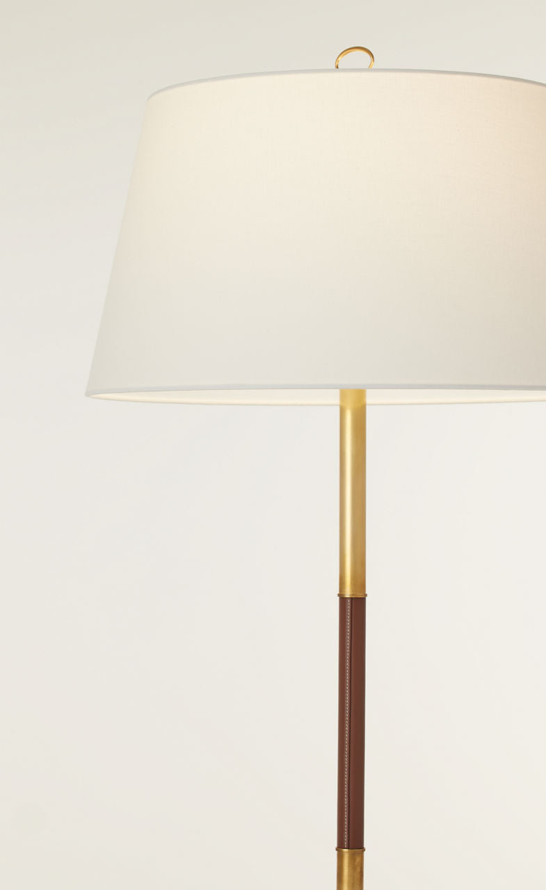 Griffin Large Floor Lamp | Hand-Rubbed Antique Brass and Saddle Leather | Linen Shade
