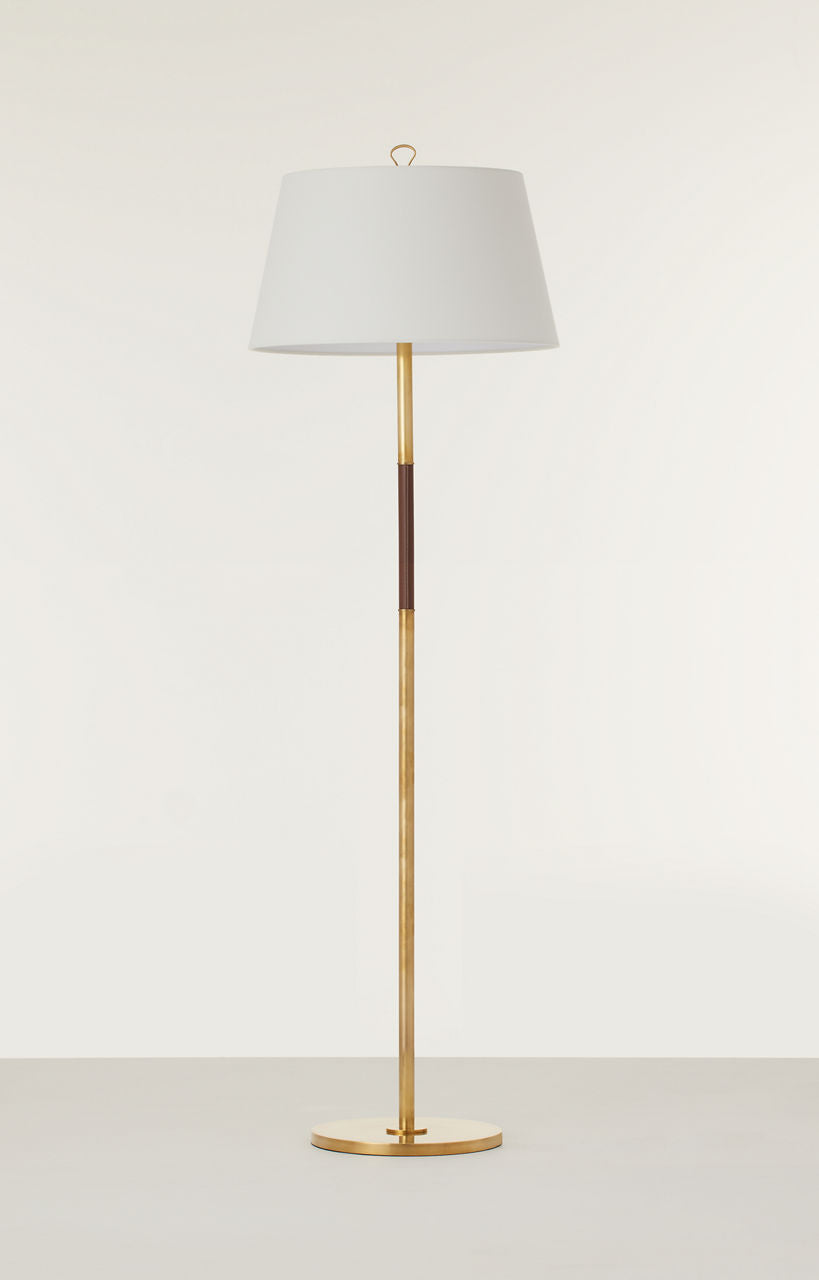 Griffin Large Floor Lamp | Hand-Rubbed Antique Brass and Saddle Leather | Linen Shade