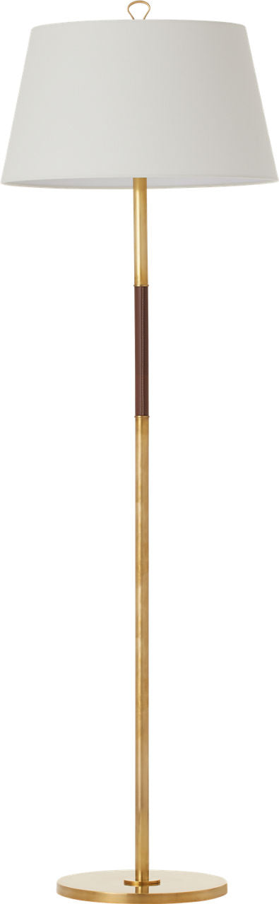 Griffin Large Floor Lamp | Hand-Rubbed Antique Brass and Saddle Leather | Linen Shade