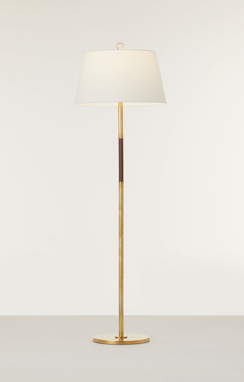Griffin Large Floor Lamp | Hand-Rubbed Antique Brass and Saddle Leather | Linen Shade
