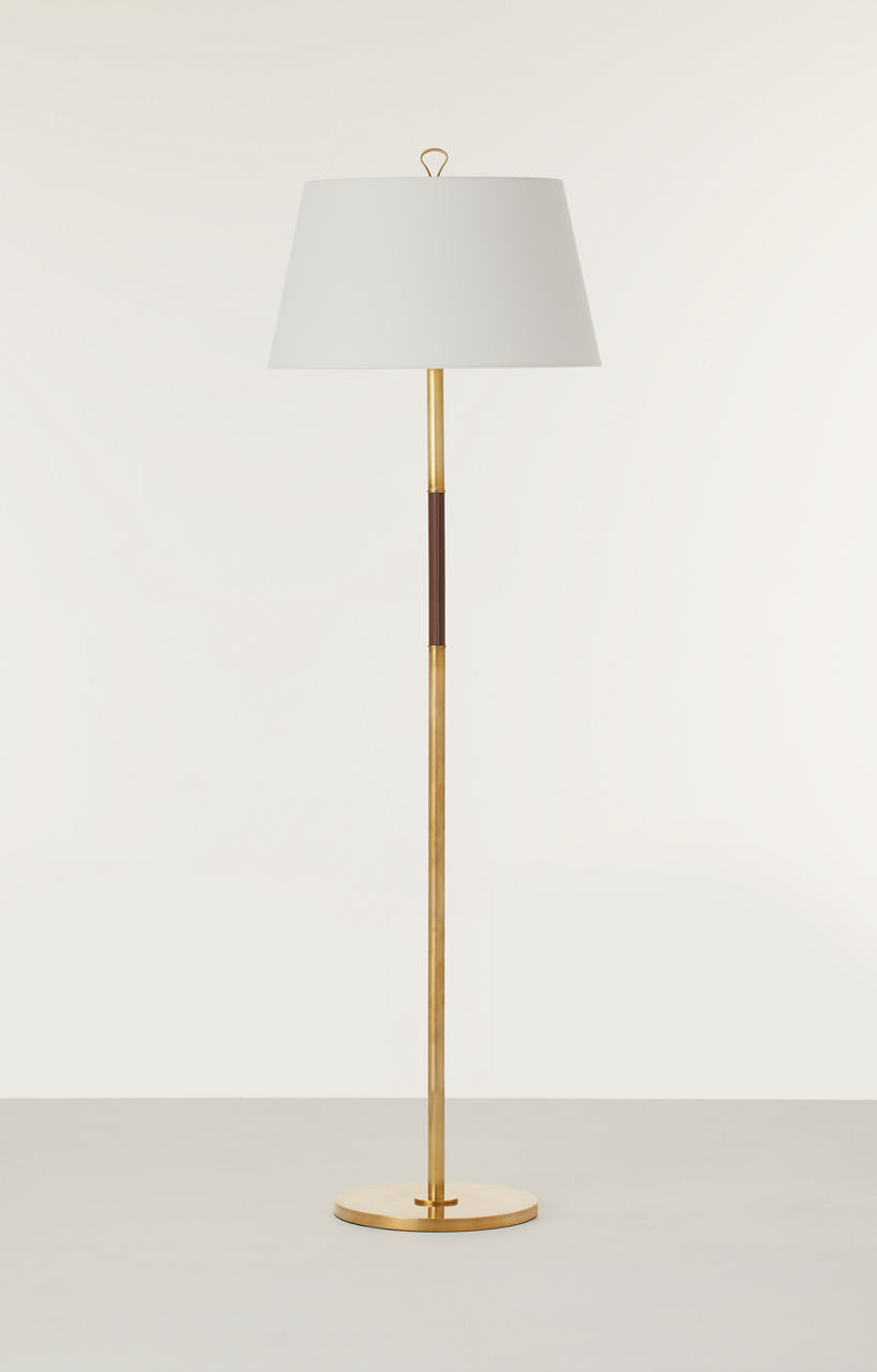 Griffin Large Floor Lamp | Hand-Rubbed Antique Brass and Saddle Leather | Linen Shade