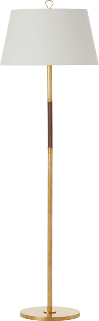 Griffin Large Floor Lamp | Hand-Rubbed Antique Brass and Saddle Leather | Linen Shade