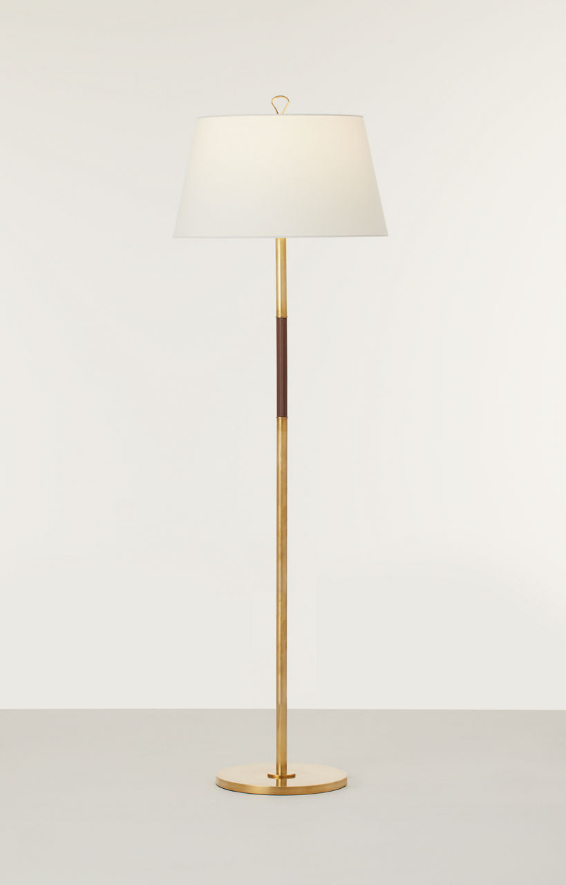 Griffin Large Floor Lamp | Hand-Rubbed Antique Brass and Saddle Leather | Linen Shade