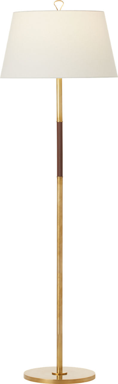 Griffin Large Floor Lamp | Hand-Rubbed Antique Brass and Saddle Leather | Linen Shade