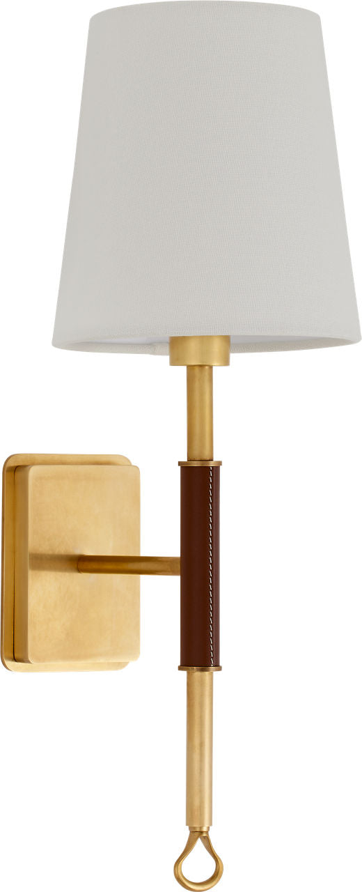 Griffin Sconce | Hand-Rubbed Antique Brass and Saddle Leather | Linen Shade