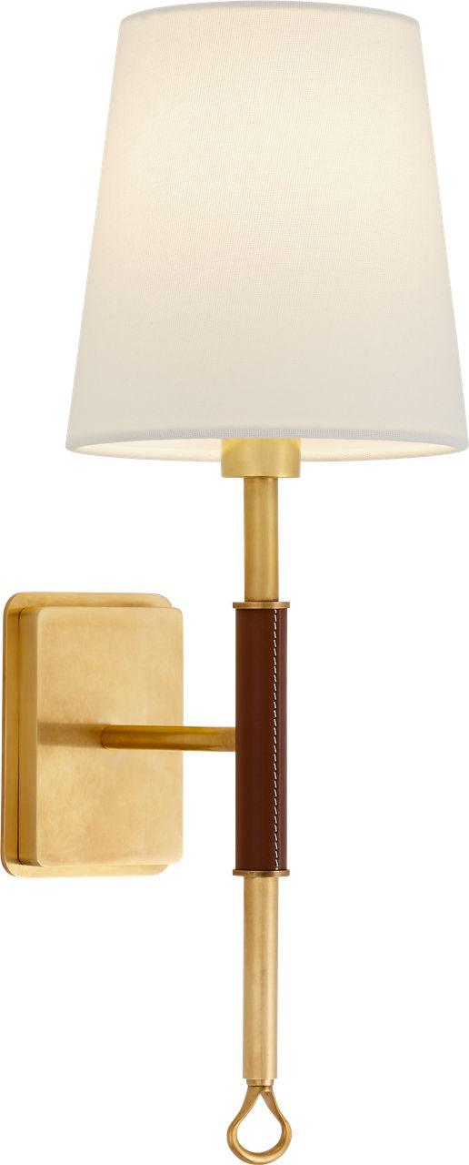 Griffin Sconce | Hand-Rubbed Antique Brass and Saddle Leather | Linen Shade